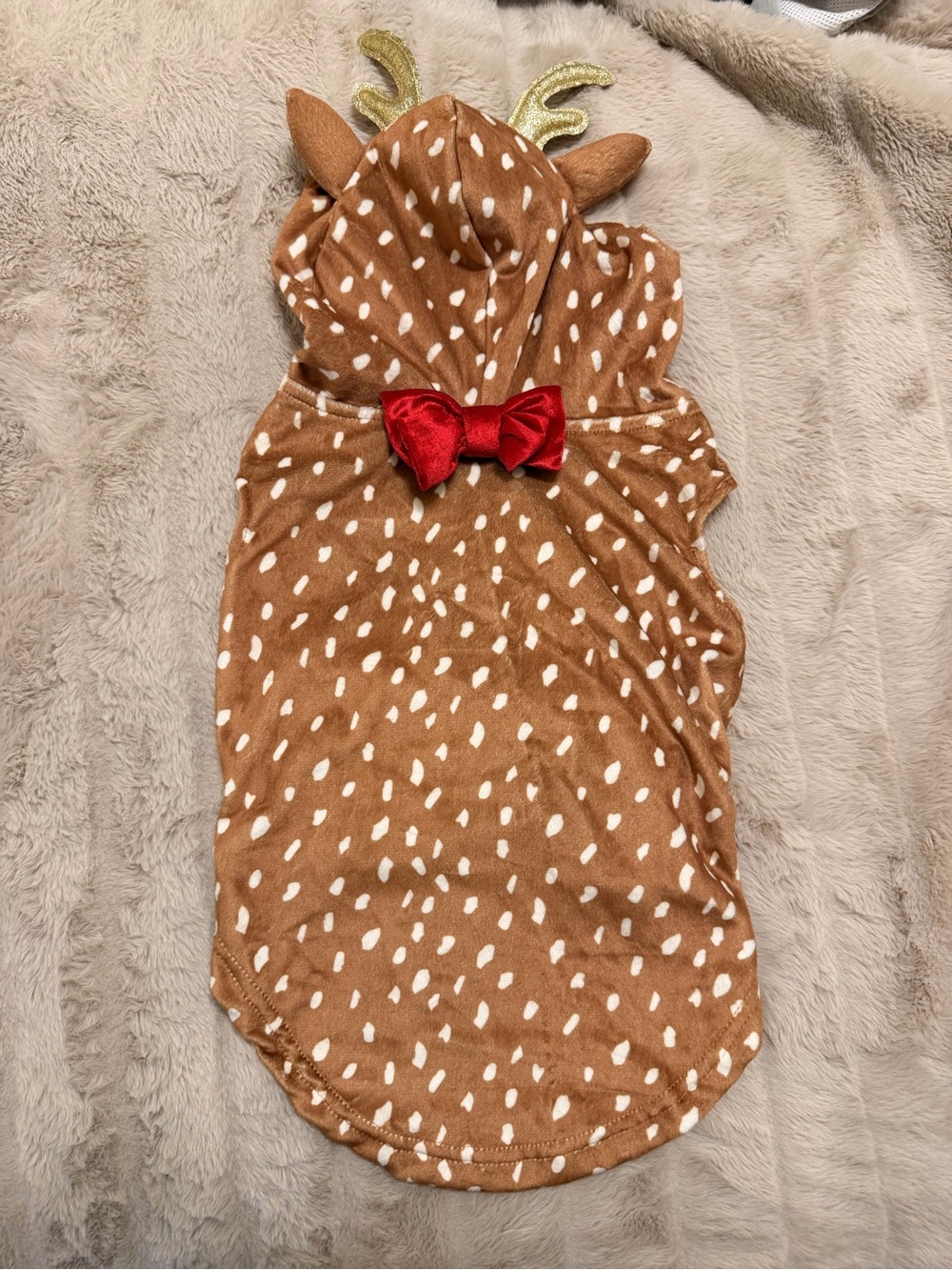 Holiday Reindeer Dog Hoodie - Brown with White Spots & Red Bow